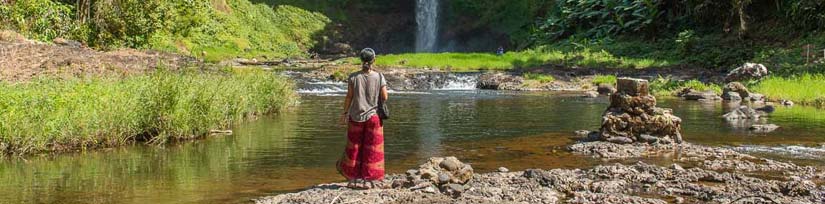 Bolaven Plateau landscape with waterfalls and coffee plantations