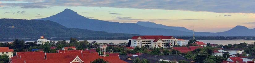 Pakse cityscape with Mekong River and temples